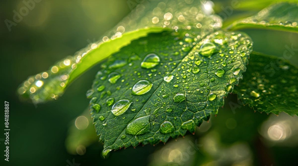 Fototapeta view of a green leaf with multiple water droplets on it. The droplets vary in size, with the largest being prominently displayed in the foreground. The droplets reflect light, giving them a shiny look