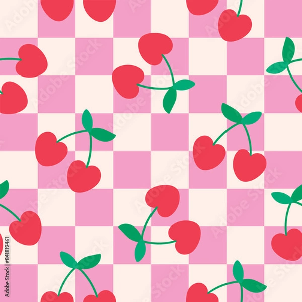 Fototapeta Cherry Seamless Pattern Checkered Cherries Background Pink Checkered Cherry Background