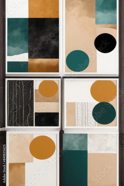Fototapeta Generative AI A unique boho minimalist artwork featuring a simple yet rich blend of natural elements, geometric motifs, and tranquil color palette, A distinctive boho minimalist piece, Cool Boho Arts
