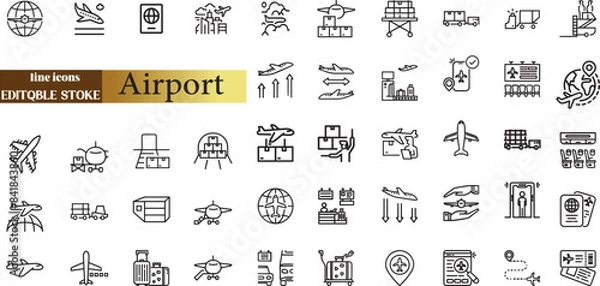 Fototapeta Set of line icons in linear style. Series - Airport.
