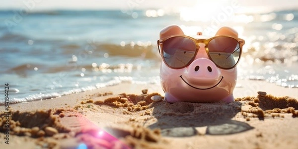 Fototapeta piggy bank with sunglasses on it on the beach with the sun shining in the background