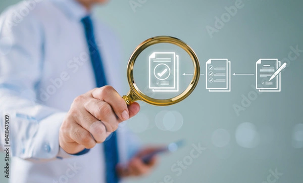 Obraz Document management service concept. Inspect check system, online document database approve, process manage file. Businessman hold magnifying glass. Audit compliance corporate business technology