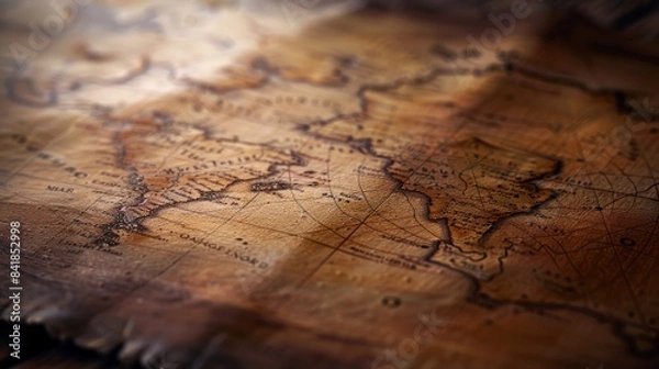 Fototapeta With a vintage sepiatoned allure, this ancient map reveals historic exploration routes, detailed cartography, and geographical regions of antiquity, adding a touch of historical charm