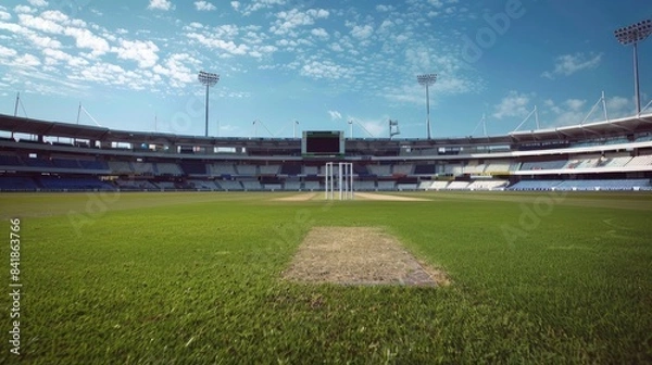 Fototapeta  "Serenity in Solitude: Empty Cricket Stadium with Wicket at Center Captured in Wide Angle Shot"