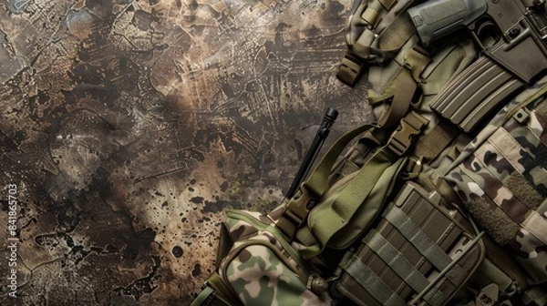 Fototapeta A meticulously arranged military setup featuring camouflage patterns, tactical equipment, and rugged textures, embodies the essence of strategic operations. Flat lay frame with copy space.
