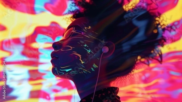 Obraz Vibrant Gen Z Digital Art Immersion. An evocative piece from a Generation Z digital art exhibition, Immerses viewers in waves of vivid colors and abstract forms, reflecting a deep emotional landscape.