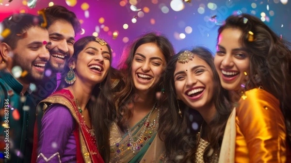 Fototapeta A lively group of friends, adorned in vibrant traditional attire, captures the joyous spirit of Diwali, the festival of lights, in a whirlwind of color and celebration.