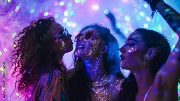 Obraz In twilight's glow, a group of women with neon glitter makeup showcase a fusion of beauty and fantasy. Their faces illuminated, they exude a futuristic and mystical allure.
