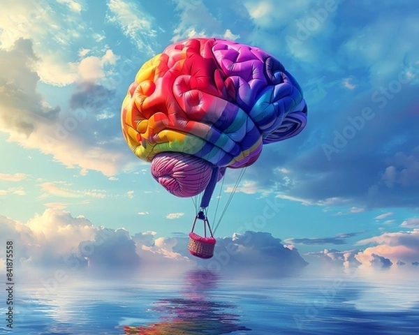 Fototapeta Expanding Horizons A vibrant brain balloon, propelled by the power of imagination, symbolizing the boundless possibilities of exploration and discovery, high resolution DSLR