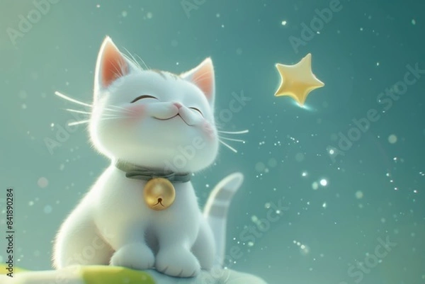 Fototapeta A white cat sits on the edge of a bed, surrounded by soft blankets and a shining star