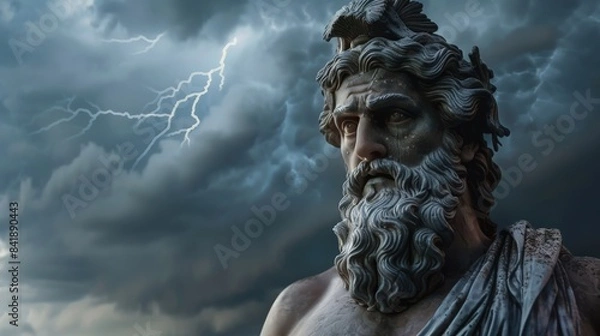 Fototapeta The God Zeus on the background of a gloomy sky with lightning.