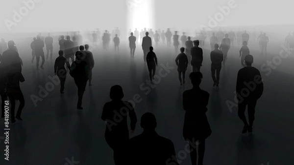 Obraz Silhouettes of many people walking slowly in fog. People, spirits, phantoms, walking in mist, haze, after life plane. Slow motion. 3d render illustration
