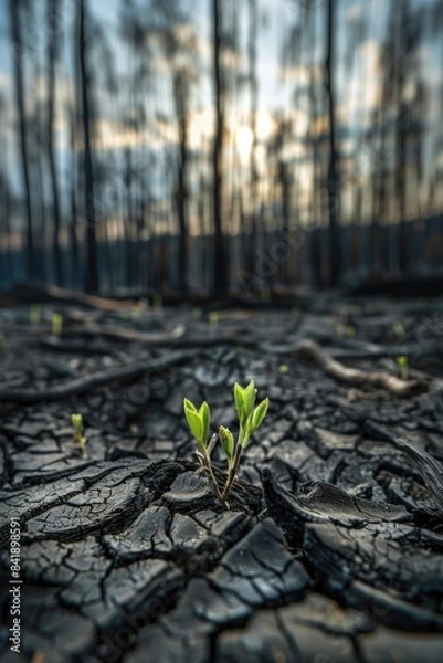 Fototapeta A small plant grows out of the ground, with a tiny stem and leaves
