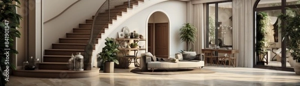 Fototapeta A large, open room with white furniture and a lot of greenery. The room has a very elegant and sophisticated feel to it