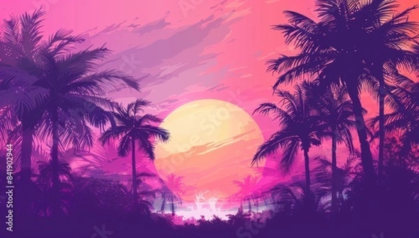 Fototapeta background with palm trees, sunset, retro style, pink and purple colors, brush strokes, simple design, gradient color background Generative AI