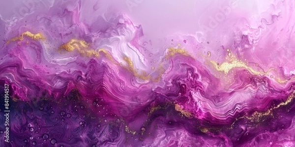 Fototapeta A mesmerizing effect is created by modern artwork with vibrant purple, pink, and gold hues, featuring fluid patterns that captivate attention with dynamic colors and graceful movements