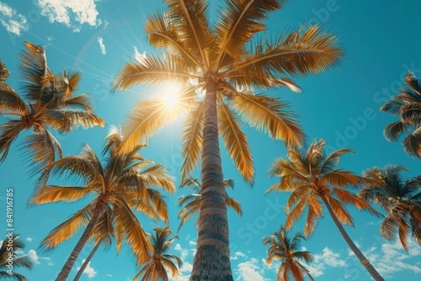 Fototapeta Towering sunlit palm trees on a tropical beach, symbolizing paradise. 