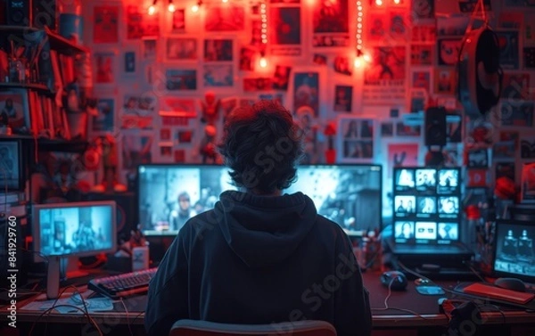 Fototapeta Photo of a developer with neon lights