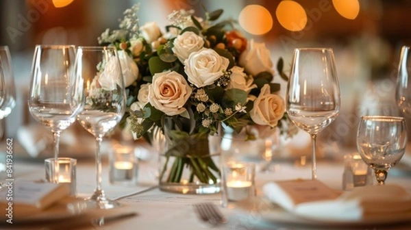 Fototapeta Close-up of a table setting at a wedding reception with name cards and centerpieces