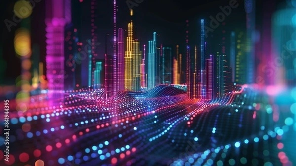 Fototapeta Smart city and abstract dot point connect with gradient line and aesthetic Intricate wave line design , big data connection technology concept .