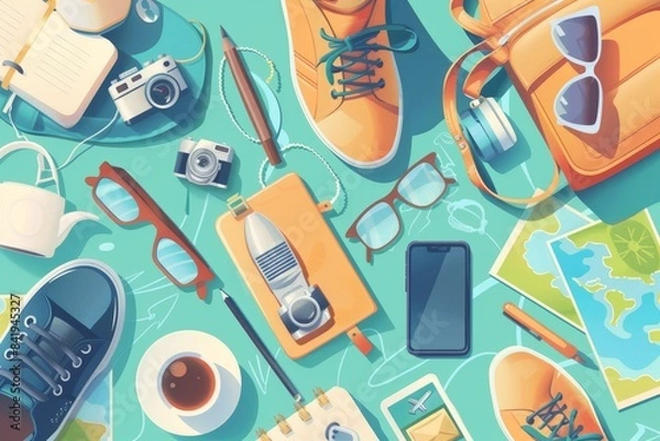 Fototapeta Flat lay of travel essentials including sneakers, camera, sunglasses, map, and coffee cup arranged on a teal background.