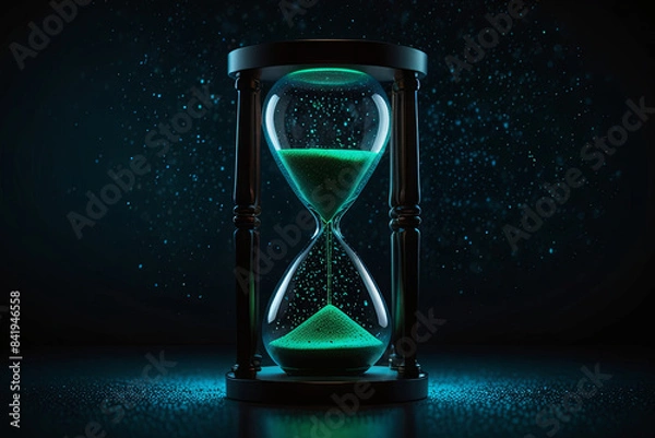 Fototapeta Hourglass surrounded by flowing blue green light particles on a black background. Modern illustration for time, technology, and modern life concepts.