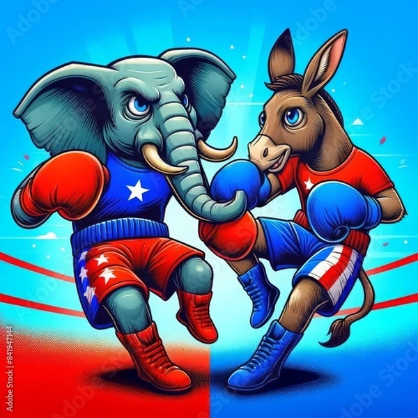 Fototapeta Republican Elephant vs. Democratic Donkey Boxing Battle representing the Republican and Democratic parties battling