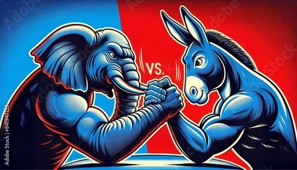 Obraz Republican Elephant vs. Democratic Donkey Arm Wrestling Match, representing political rivalry. Red and Blue Background