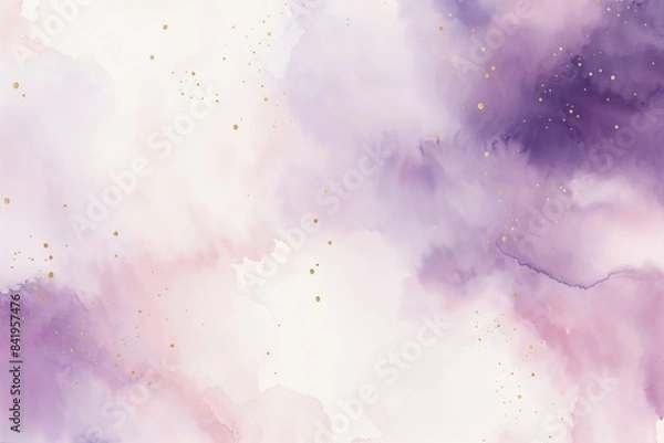 Obraz Hand-drawn watercolor backdrop with soft pastel shades of light pink and purple blend seamlessly, enhanced by golden speckles of textured paint.
