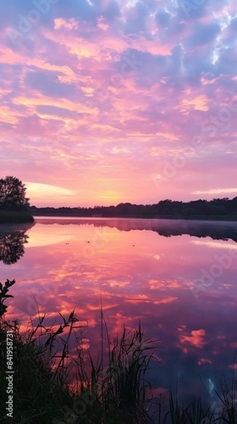 Fototapeta Peaceful summer morning with a soft pink sunrise over a calm lake, reflections of the sky on the water