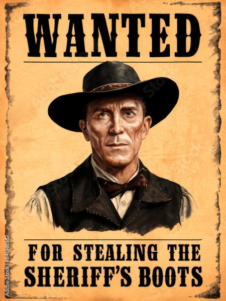 Obraz A wanted poster features serious-looking cowboy in black hat, accused of "stealing the sheriff's boots." The poster has vintage, old-western look with bold lettering and weathered, rustic appearance.