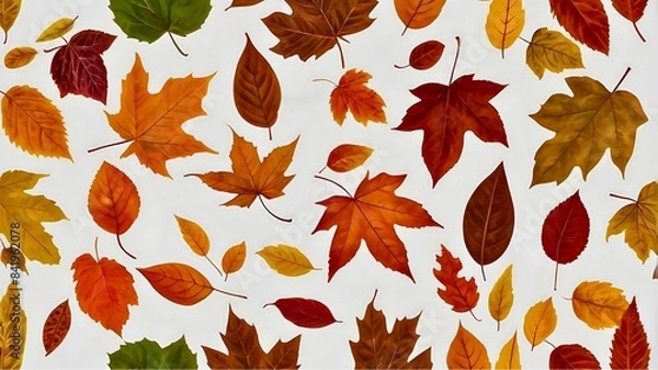 Fototapeta Vibrant autumn leaves set against a white background. a collection of dry colorful foliage. Autumn leaves seamless pattern
