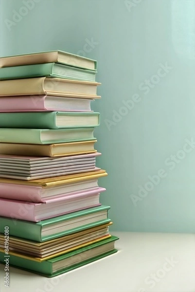 Fototapeta Tall stack of colorful school books on a soft pastel background with ample copy space on the right for text