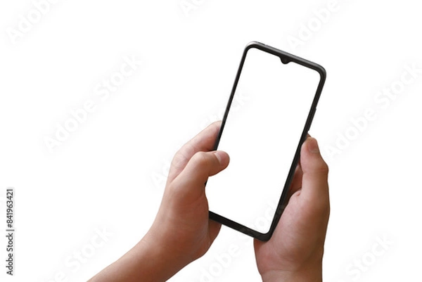 Obraz A teenager holds a smartphone with both hands. PNG mockup of phone with white screen on transparent background. There is a work path in the file.