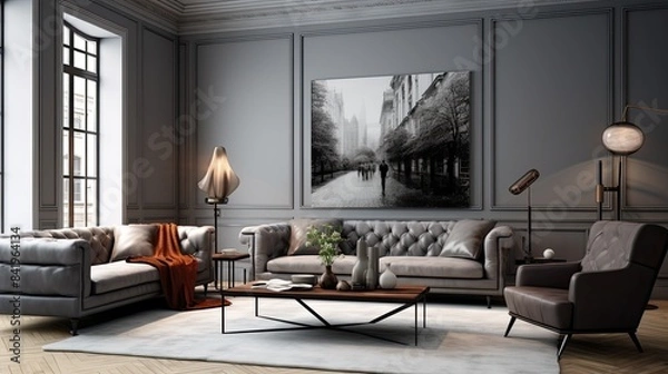 Fototapeta Grey Living Room. Contemporary elegant grey living room with sofa