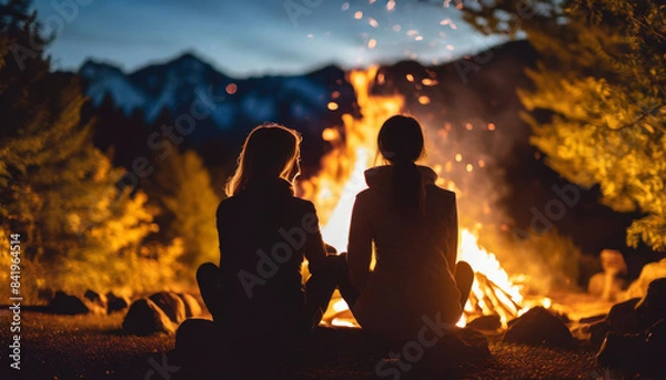 Fototapeta Silhouetted against a glowing fire, two slender women sit in peaceful contemplation, embodying unity and warmth, as they watch the flames dance under the starlit sky