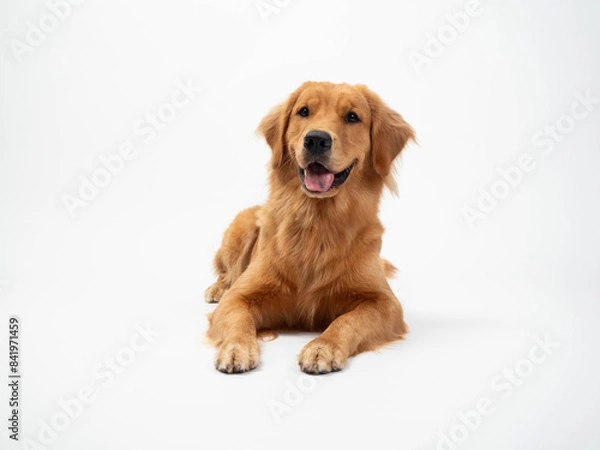 Fototapeta The studio portrait of the puppy dog Golden Retriever lying down with a smile on the white background