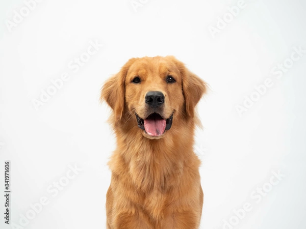 Fototapeta The studio portrait of the puppy dog Golden Retriever with a smile sitting on the white background