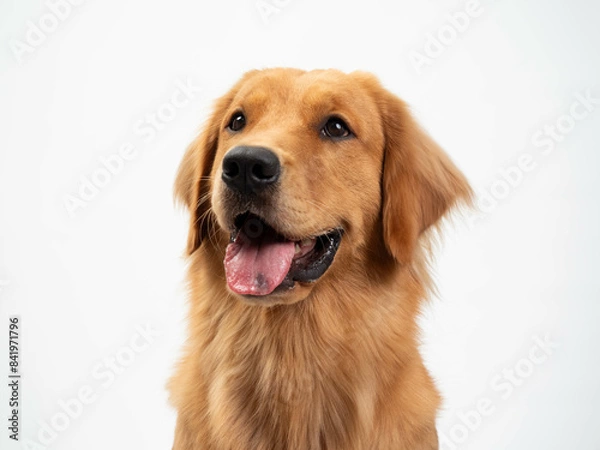 Fototapeta The studio portrait of the puppy dog Golden Retriever with a smile sitting on the white background