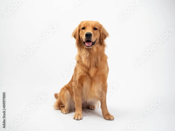 Fototapeta The studio portrait of the puppy dog Golden Retriever with a smile sitting on the white background
