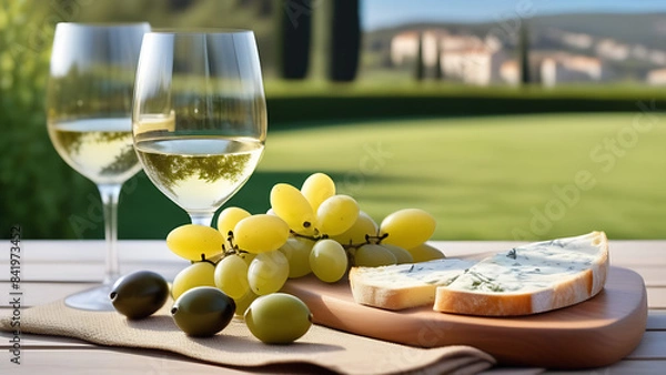 Fototapeta Picnic with wine and cheese on the Cote d'Azur in France on a sunny summer day