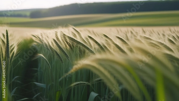 Fototapeta A field with ripe ears of wheat in close-up on a summer day and a space for copying. Concept - agriculture and harvest