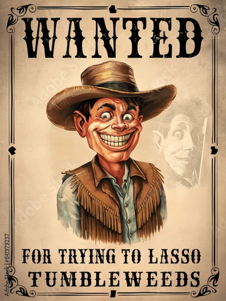 Fototapeta A wanted poster features grinning cowboy in hat and fringe jacket, accused of "trying to lasso tumbleweeds." Poster has vintage, old-western look with bold lettering and weathered, rustic appearance.