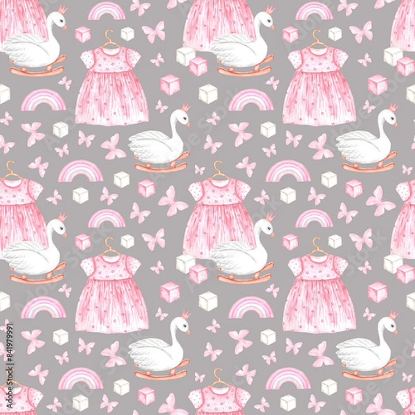 Fototapeta Vintage baby girl watercolor seamless pattern. Pink dress, rocking swan, cubes, butterflies, rainbow. Vintage toys. Baby shower, birthday. Boho. For printing on greeting cards, fabric, textiles