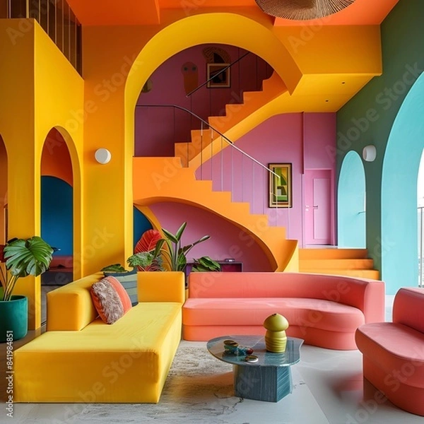 Obraz Spacious Living Room Featuring a Colorful Sofa and Yellow Stairs, Interior Design Inspiration: A Bold and Colorful Living Room, Playful Living Room with a Yellow Statement Staircase, generative ai