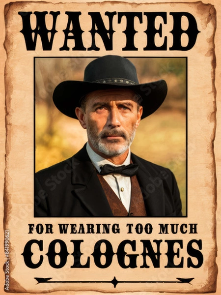Fototapeta A wanted poster features a stern-faced man in black hat and suit, accused of "wearing too much cologne." Poster has vintage, old-western look with bold lettering and weathered, rustic appearance.