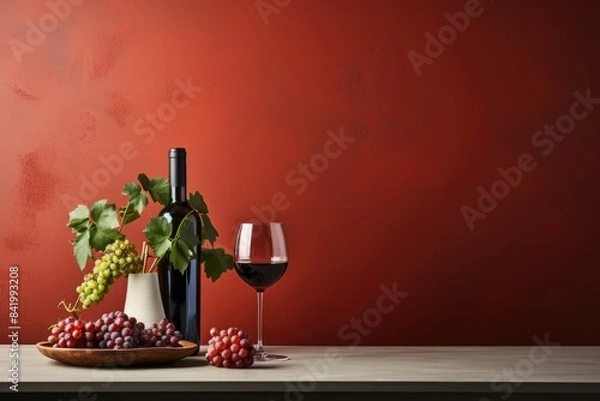 Fototapeta A bottle of red wine, a glass and grapes on a table against the background of a red wall with space for text. Romantic dinner concept. Stock photo with copy space