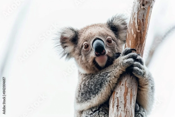 Obraz Koala sitting on a eucalyptus branch on a white background