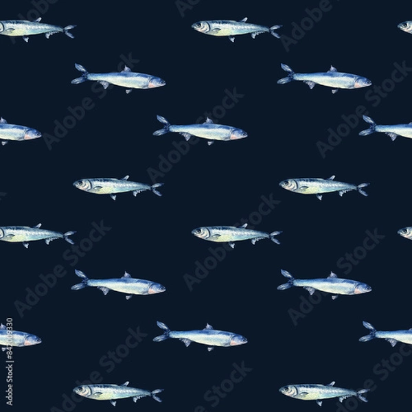 Obraz Anchovies small fish on watercolor seamless pattern isolated. Fresh sea fish hand drawn endless background. Sea pattern with fishes. Underwater sea design for package, textile, paper