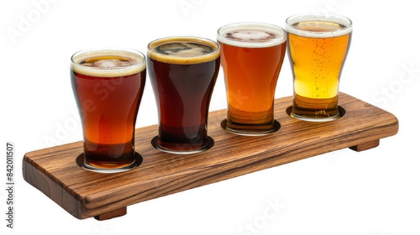 Obraz A beer flight showcasing four different styles of beer in glasses on a wooden paddle, each glass accompanied by a description card. isolated on a transparent background. PNG File